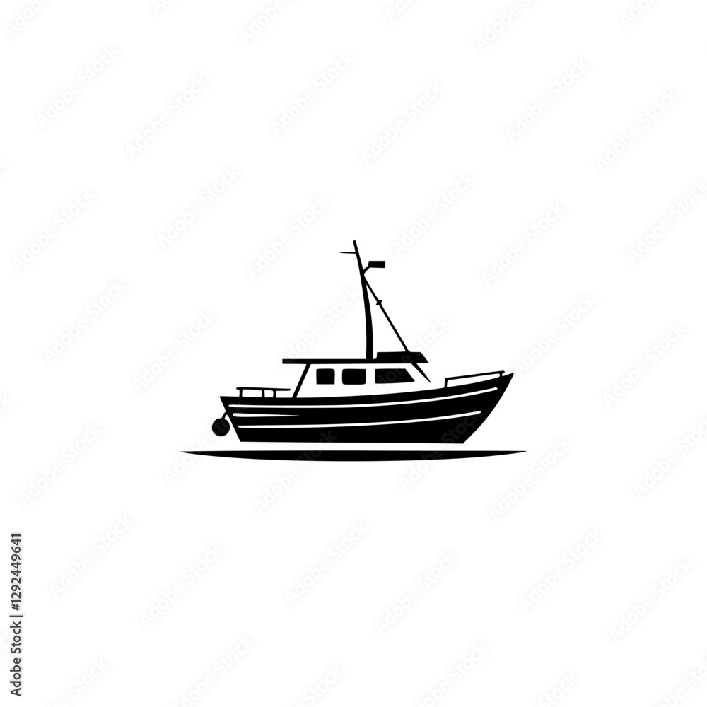 Silhouette of a Fishing Boat, Black and White, Minimalist, Boat. Silhouette of a Fishing Boat, Black and White, Minimalist, Boat.