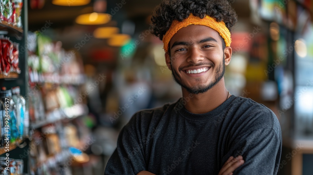 Smiling young man in casual attire stands in a vibrant grocery store aisle showcasing a variety of colorful products and creating a warm inviting atmosphere Smiling young man in casual attire stands in a vibrant grocery store aisle showcasing a variety of colorful products and creating a warm inviting atmosphere