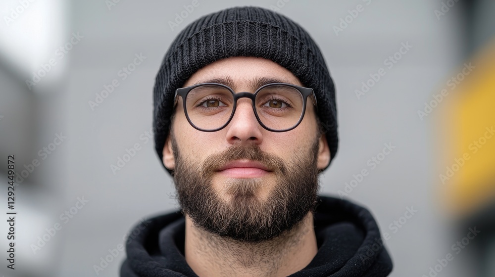 Young man in beanie and glasses, urban background Young man in beanie and glasses, urban background