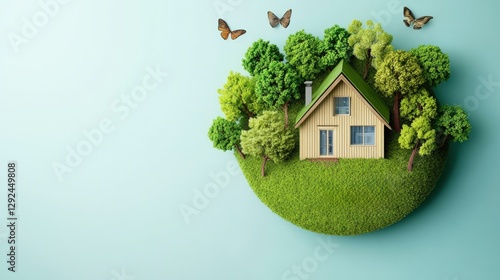House in a green field with energy efficiency rating labels promoting low consumption and sustainability