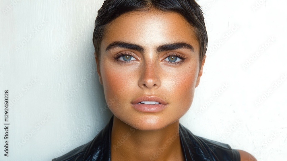 Naklejka premium A woman with short hair and flawless skin looks directly at the viewer. She has defined eyebrows and a subtle smile, wearing a sleeveless top, creating a captivating presence