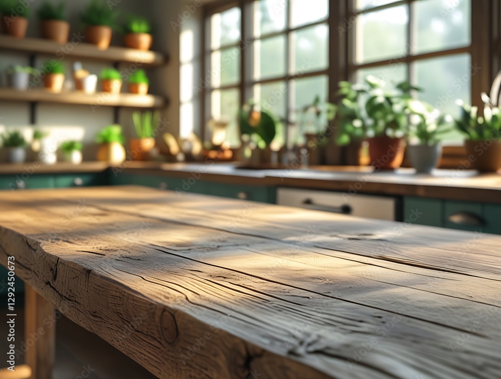 Rustic wooden kitchen countertop with natural texture, surrounded by lush green houseplants, open shelves, and a sunlit window creating a cozy and eco-friendly atmosphere


