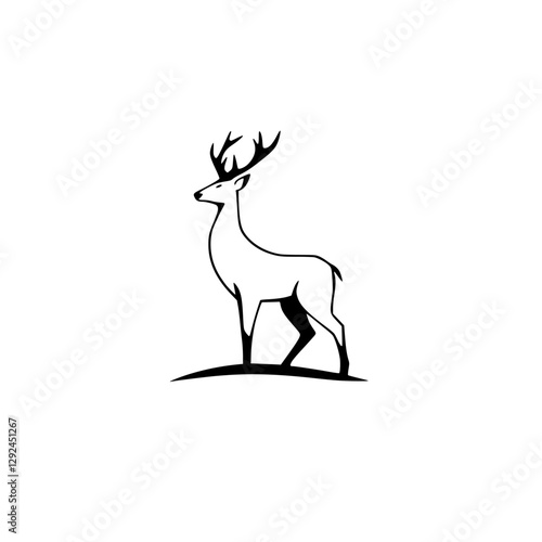 Silhouette of a proud deer with antlers standing, looking regal, bold, and a monochromatic graphic style. Minimalist.