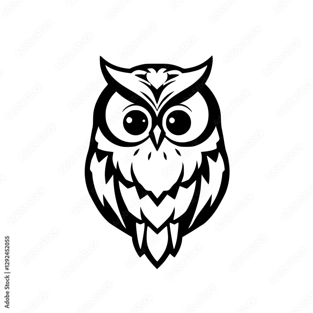 Black and White, Simple Owl Illustration, Isolated on White Background. Black and White, Simple Owl Illustration, Isolated on White Background.