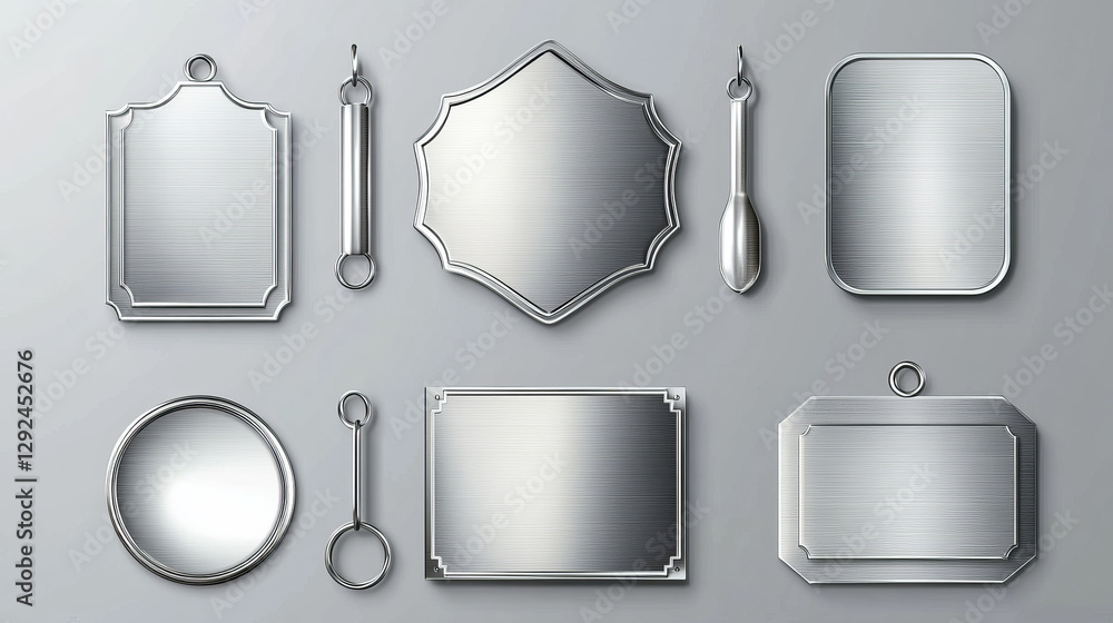 Steel game signs, name plates, empty silver plaques mockup. Metal shiny tags or badges, square round and rectangular nameplates, gamer ui menu or app graphic elements, isolated realistic 3d vector set Steel game signs, name plates, empty silver plaques mockup. Metal shiny tags or badges, square round and rectangular nameplates, gamer ui menu or app graphic elements, isolated realistic 3d vector set