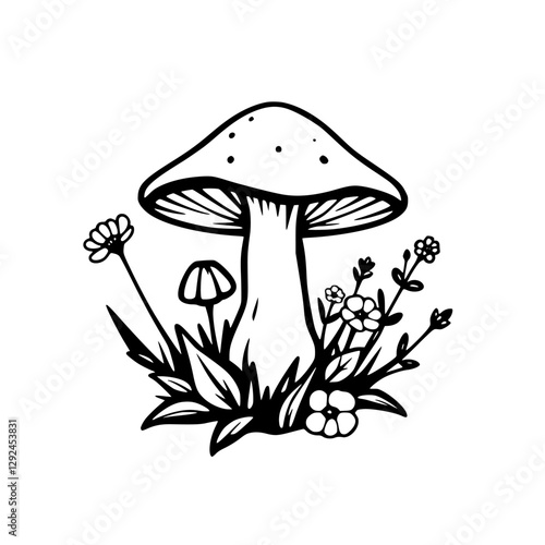 Monochrome illustration of a single mushroom surrounded by delicate plants, flowers, and grass, isolated on white.