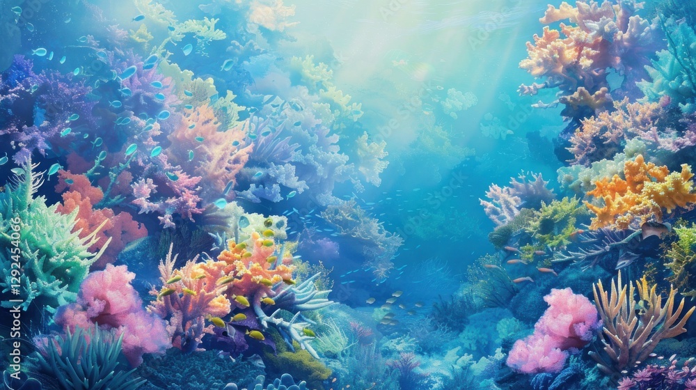 Naklejka premium Vibrant Underwater Coral Reef Paradise: A mesmerizing scene of colorful corals and diverse marine life thriving in a sunlit ocean