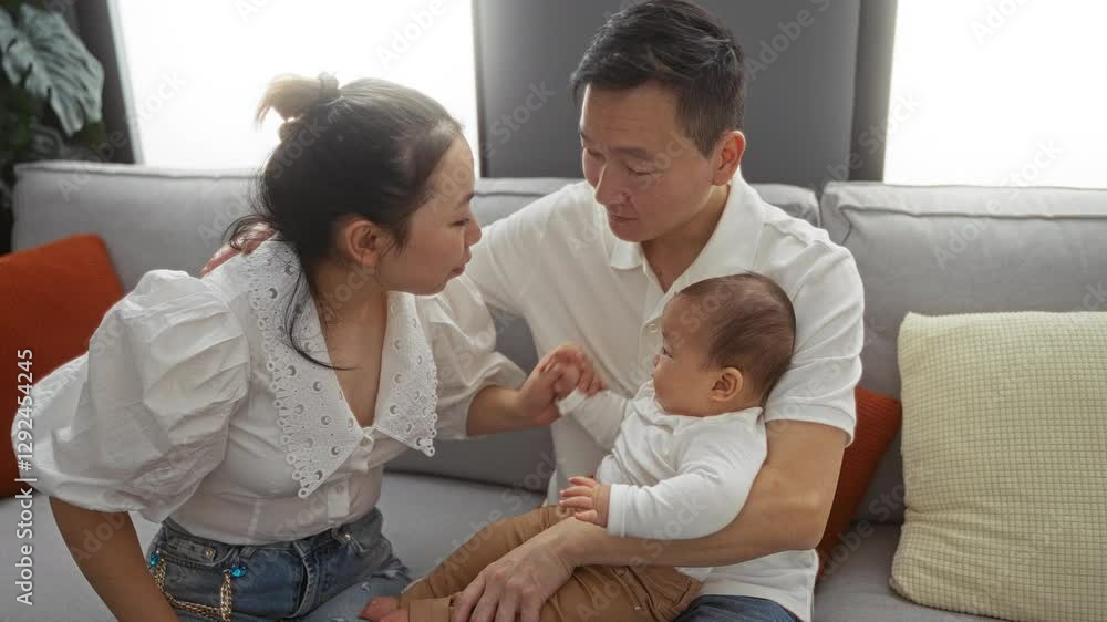 Mother and father share a kiss while holding their baby boy in a cozy living room, capturing a moment of love and family togetherness indoors. Mother and father share a kiss while holding their baby boy in a cozy living room, capturing a moment of love and family togetherness indoors.