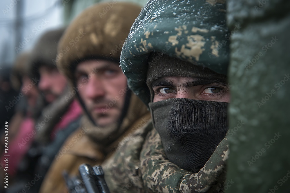 Heavily armed soldiers stand at attention in camouflage and cold weather Heavily armed soldiers stand at attention in camouflage and cold weather