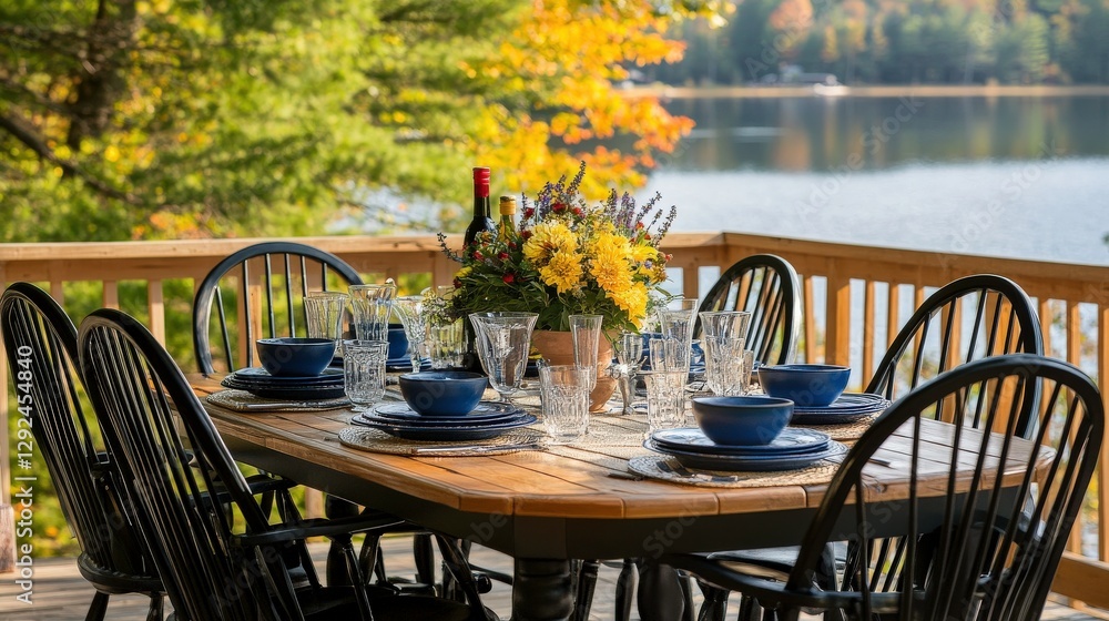 Obraz premium Lakeside Dining Table Set for Evening Meal