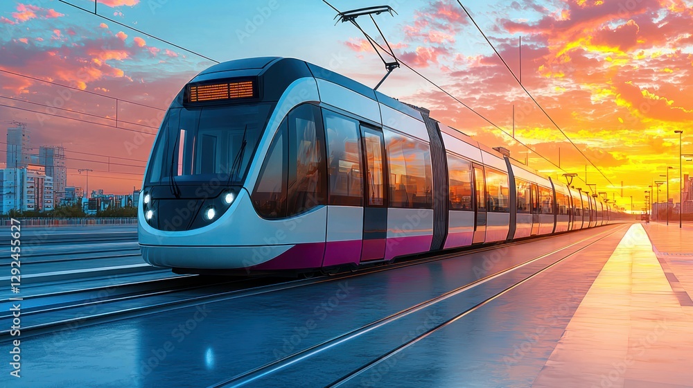 Fototapeta premium Modern Tram at Sunset: Cityscape Transit