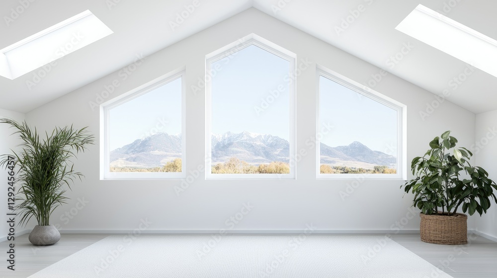 Fototapeta premium Empty attic room with mountain views, perfect for showcasing home design