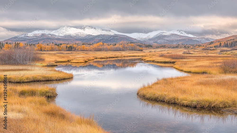 Fototapeta premium Autumnal mountain reflection in calm river (1)
