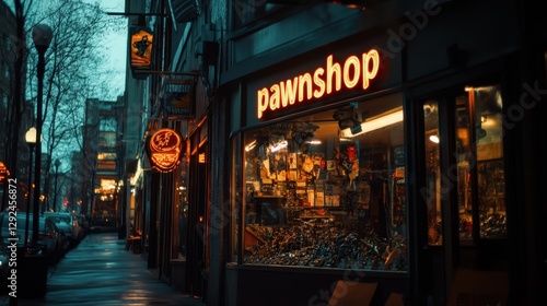 Street view showcasing the inviting glow of a pawnshop storefront at dusk, with warm lights illuminating the display items amidst an atmospheric city setting.