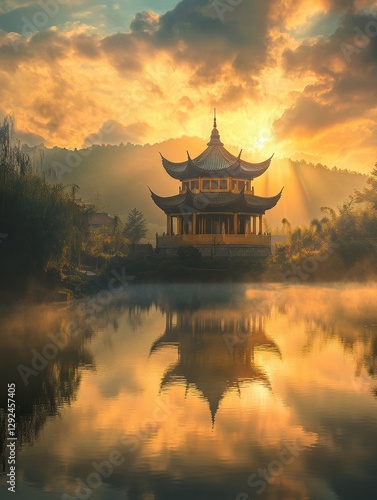 Stunning sunrise over traditional pagoda by calm lake with reflections and colorful clouds in the sky. Generative AI