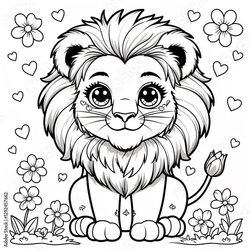 Cute Smiling Baby Lion Cub Drawing for Fun Kids Storybooks and Fun Creative Coloring Pages to Spark Childrens Imagination and Learning Drawing Illustration with Heart and Flowers Garden photo