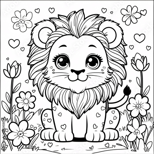 Cute Smiling Lion Cub Line Art for Kids Books and Fun Educational Coloring Pages to Inspire Creative Exploration in Children Drawing Illustration with Heart and Flowers Garden photo