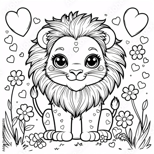 Playful Baby Lion Cub Drawing with Friendly Expression for Fun Kids Book Covers and Engaging Coloring Pages for Childrens Creativity Drawing Illustration with Heart and Flowers Garden photo