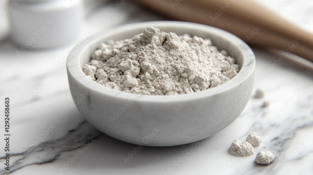 White powder in small bowl on marble surface with rolling pin and jars in background White powder in small bowl on marble surface with rolling pin and jars in background
