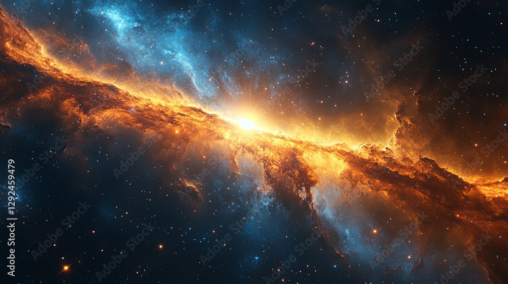 Fototapeta premium Cosmic radio jet erupts from a luminous source, traversing the vast expanse of deep space.