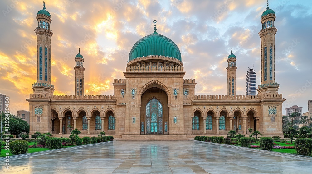 Fototapeta premium Sunrise Mosque Cityscape, Dawn Prayer