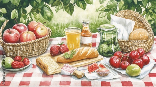 Hand-Painted Picnic Food Items on Blanket