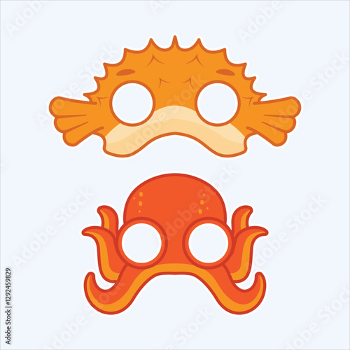 Puffer fish and octopus animal mask cartoon illustration