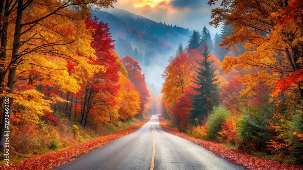 Fototapeta premium Autumnal Road Through a Vibrant Forest of Colorful Trees on a Misty Morning