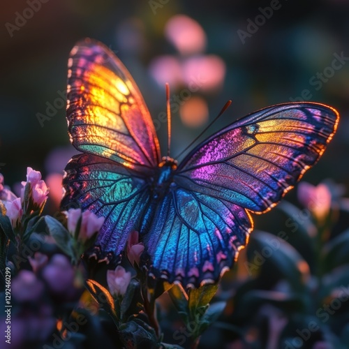 A Vibrant and Majestic Butterfly Resting on Flowers in a Sunlit Garden, Capturing the Brilliant Iridescence of Its Wings in a Serene Natural Setting