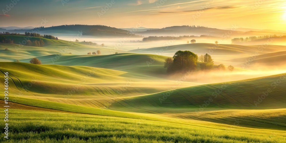 Fototapeta premium Serene Sunrise Over Rolling Green Hills, Bathed in Golden Light and Morning Mist