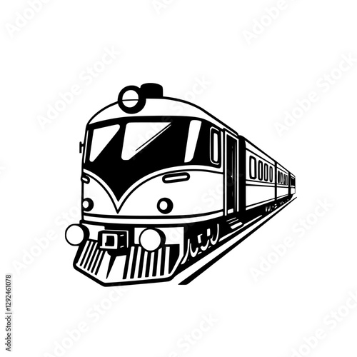 Black-and-white perspective of a stylized diesel locomotive, clean, vintage, and crisp.