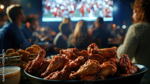 Spicy wings, game day bar, friends watching sports, food, fun