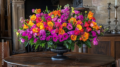 Vibrant floral arrangement in antique urn, grand room