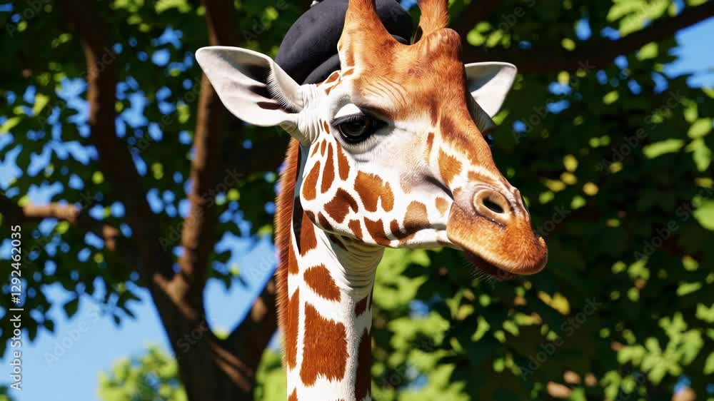 Giraffe wearing a black beret under a sunny sky in a leafy setting. Unique fashion and nature concept.