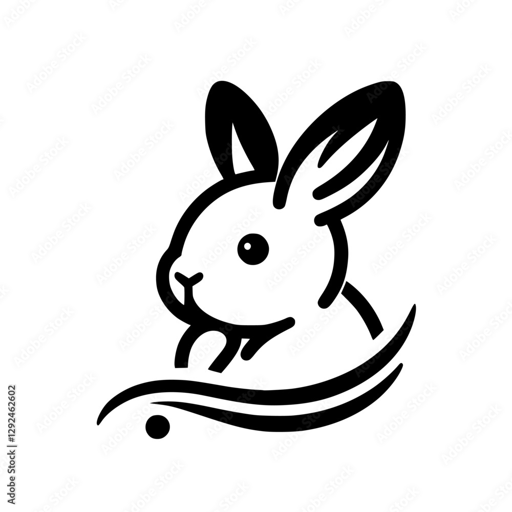 Obraz premium Stylized black and white rabbit logo, minimalist design with clean lines, curved illustration of a rabbit's profile, on a white backdrop.