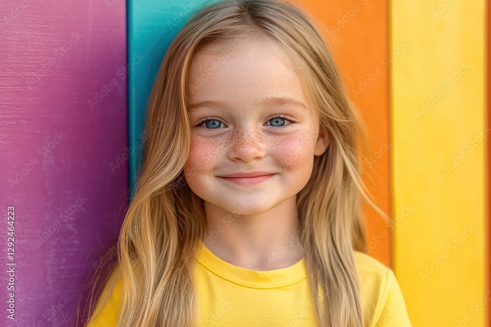 Smiling brightly, a blonde girl stands next to a rainbow-colored wall, her cheerful look enhancing the playful vibe. Smiling brightly, a blonde girl stands next to a rainbow-colored wall, her cheerful look enhancing the playful vibe.