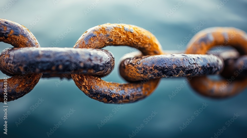 Close-up image of a weathered, rusty chain showcasing the texture and details of its aged and corroded surface against a blurred blue background Close-up image of a weathered, rusty chain showcasing the texture and details of its aged and corroded surface against a blurred blue background