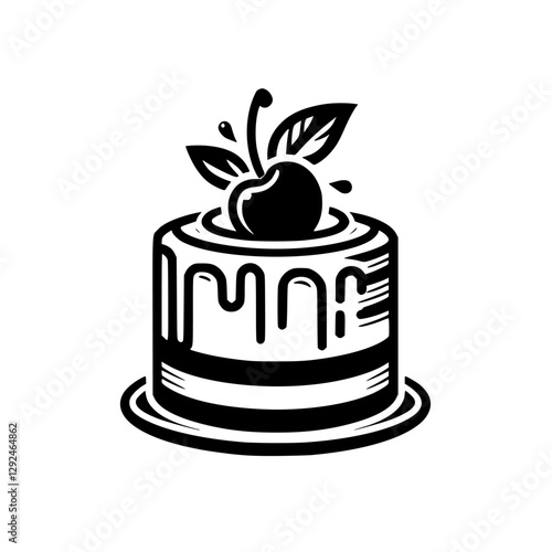 Minimalist cake illustration. A small cake with cherry topping on a white background.