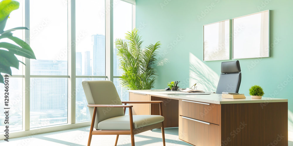 Fototapeta premium minimalist design meets a soft sage green wall, complemented by light wood accents and an olive green desk for a calming, professional vibe.