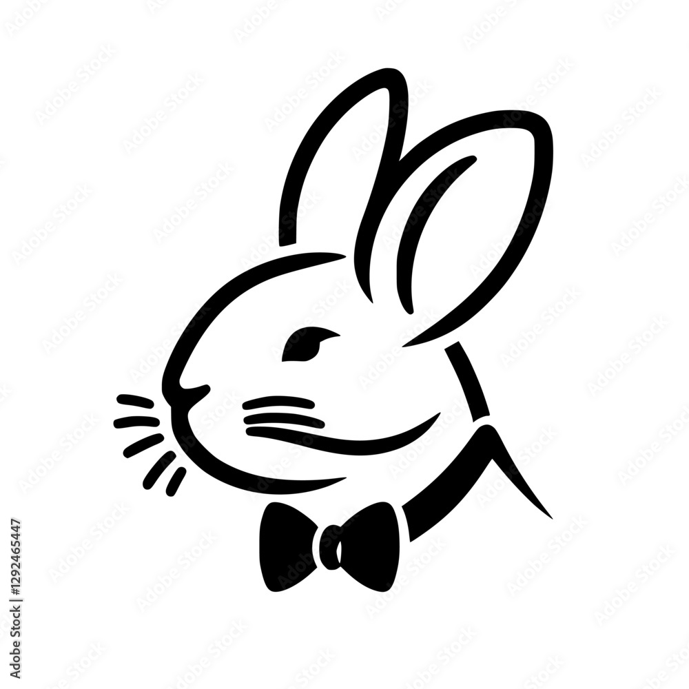 Black-and-white illustration of a cartoon bunny, with a bow tie, in a simple, minimalistic style, with clean lines.