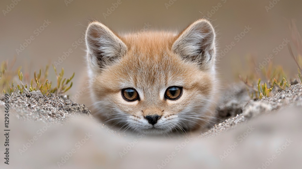 Sand cat kitten peeking from burrow, desert background, wildlife photography Sand cat kitten peeking from burrow, desert background, wildlife photography