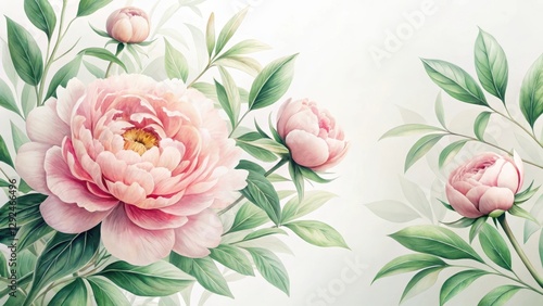 Delicate watercolor painting of blossoming pink peonies and lush green foliage, perfect for elegant home decor or feminine design projects