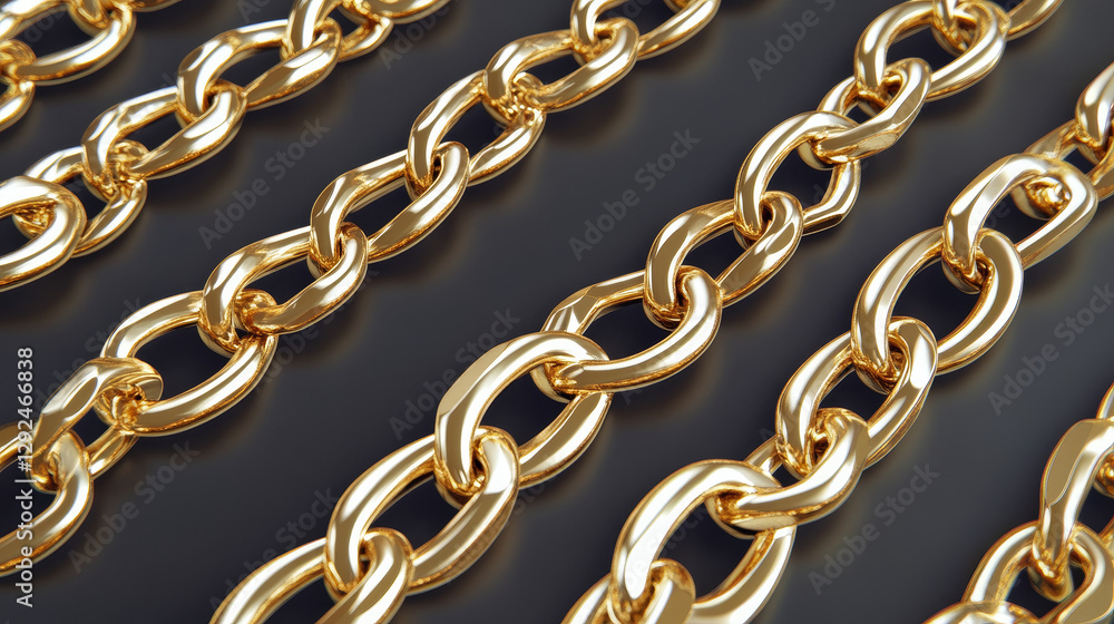 Obraz premium Realistic isolated gold vector jewelry chain set. 3d golden crossing metal jewellery object border decoration. Luxury stripe image design of yellow chunky link line on transparent background.