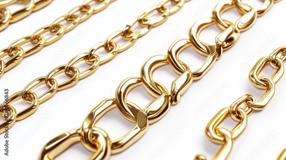 Obraz premium Realistic isolated gold vector jewelry chain set. 3d golden crossing metal jewellery object border decoration. Luxury stripe image design of yellow chunky link line on transparent background.