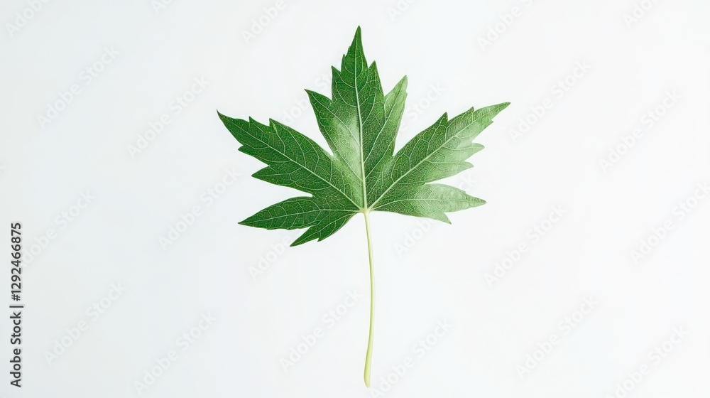 Single green maple leaf, studio shot, white background, nature design element Single green maple leaf, studio shot, white background, nature design element