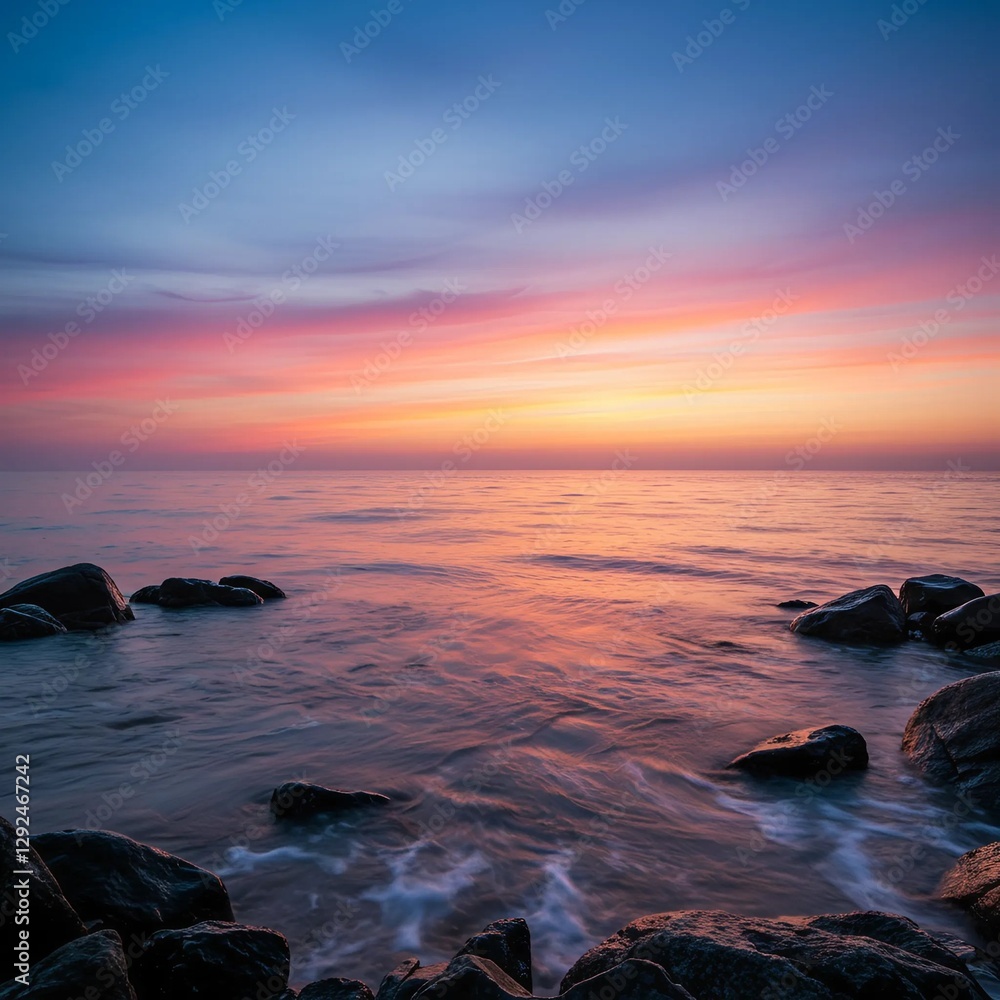Naklejka premium A realistic seascape at sunrise with gentle waves, rocky shoreline, and vibrant sky colors.