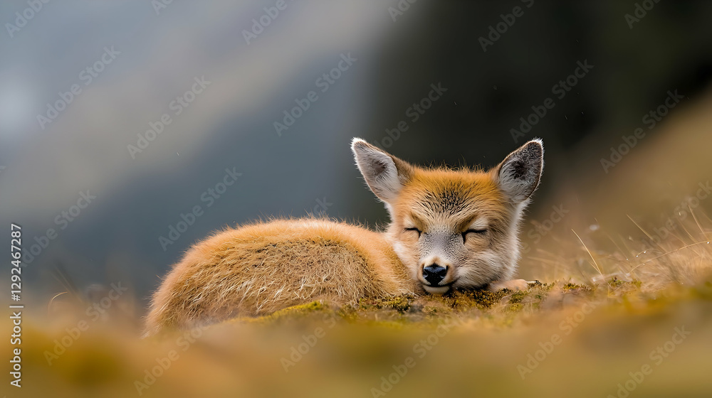 Fototapeta premium Sleeping fox kit in mountain meadow
