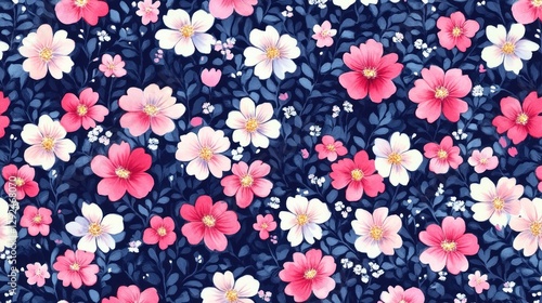 Wallpaper Mural floral pattern design with pink and white flowers on navy background seamless repeating pattern for fabric summer dress Torontodigital.ca