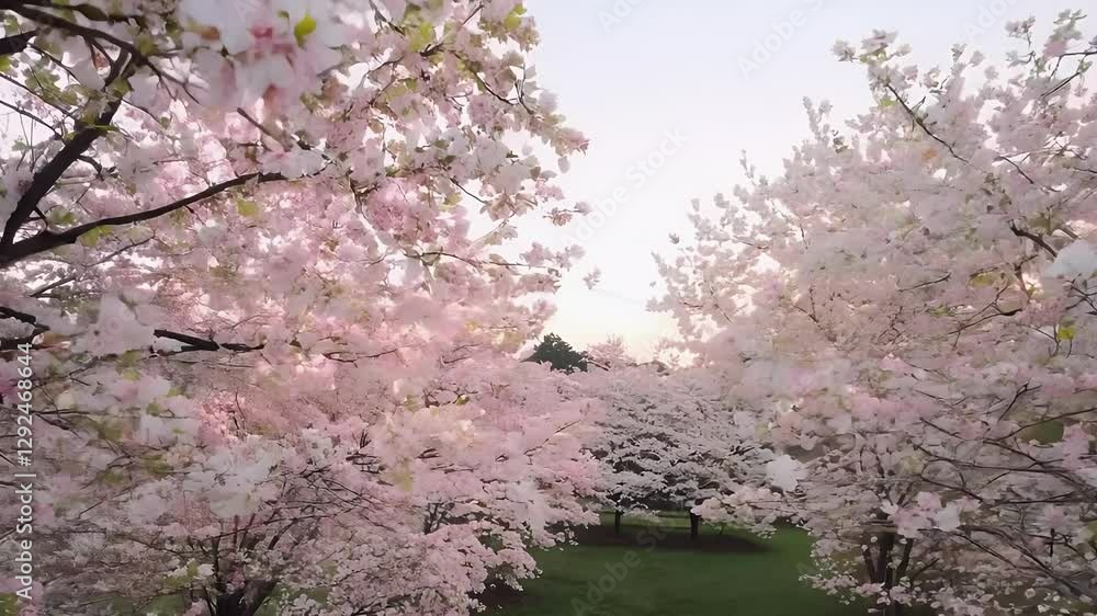 Breathtaking view of serene cherry blossom trees in full bloom, creating a picturesque landscape at dusk. Soft pink hues against a fading light sky, inviting tranquility and calmness Breathtaking view of serene cherry blossom trees in full bloom, creating a picturesque landscape at dusk. Soft pink hues against a fading light sky, inviting tranquility and calmness