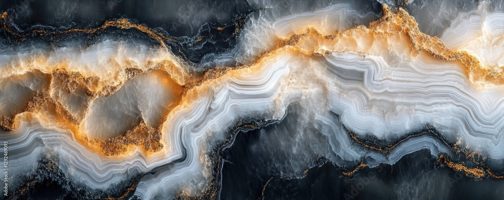 Fototapeta premium Polished Agate Stone Close-up with Black White and Gold Swirls and Textures
